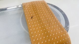 ネクタイは応急処置で水を使用致しますと汚れが広がってしまい輪の様なシミの状態になる場合があります